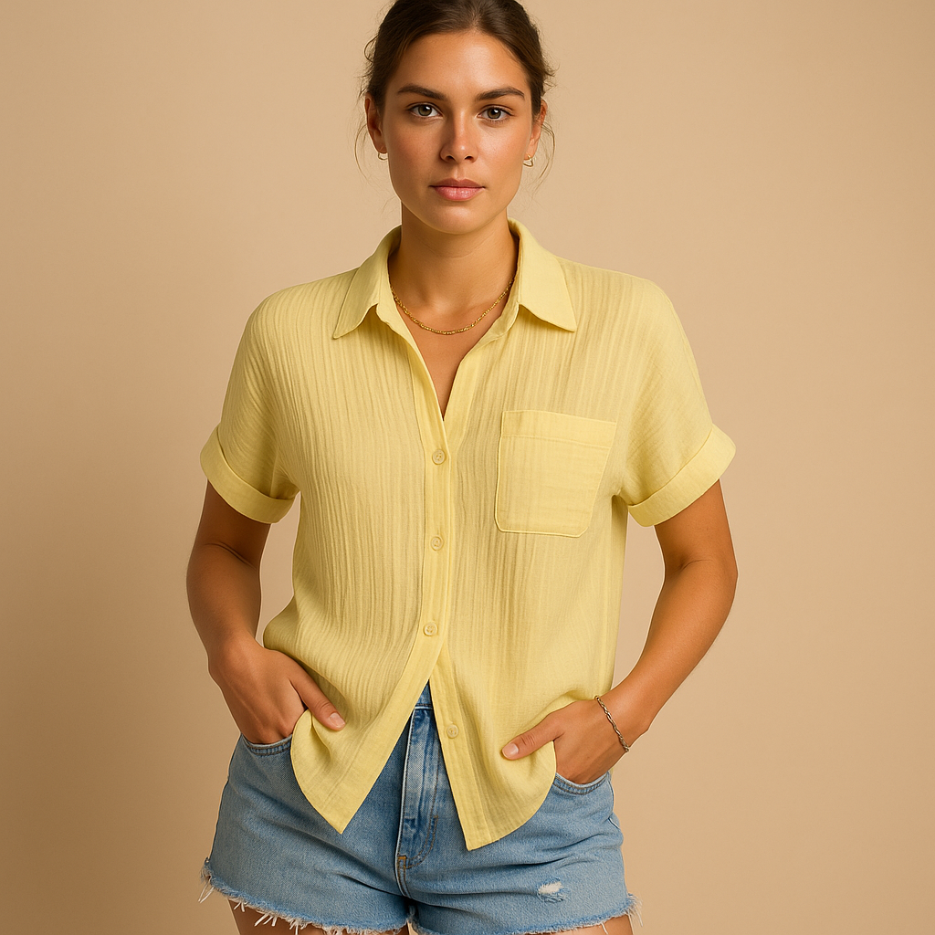 Women’s casual short sleeve polo shirt with a classic collar and chest pocket, ideal for summer days and relaxed everyday outfits.