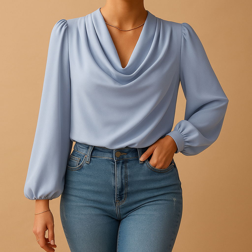 Women’s chiffon V-neck blouse with puff sleeves and relaxed fit, ideal for summer outfits, casual wear, and elegant occasions.