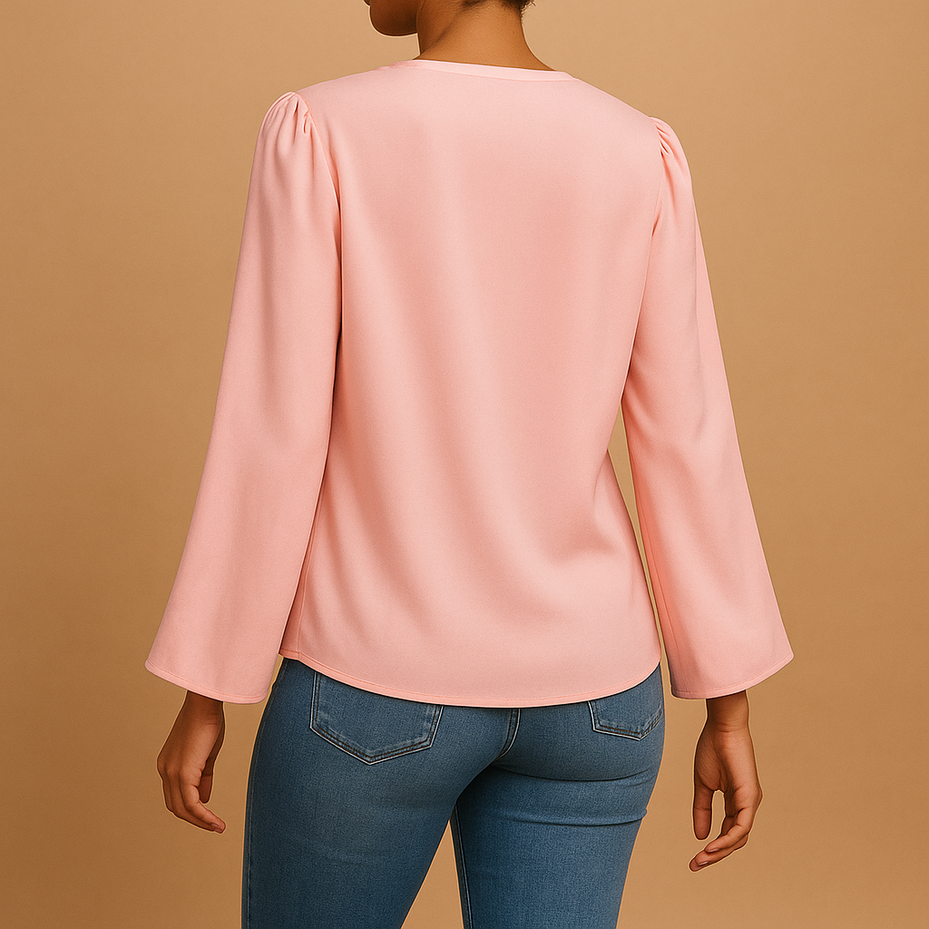 Women’s chiffon V-neck blouse with puff sleeves and relaxed fit, ideal for summer outfits, casual wear, and elegant occasions.