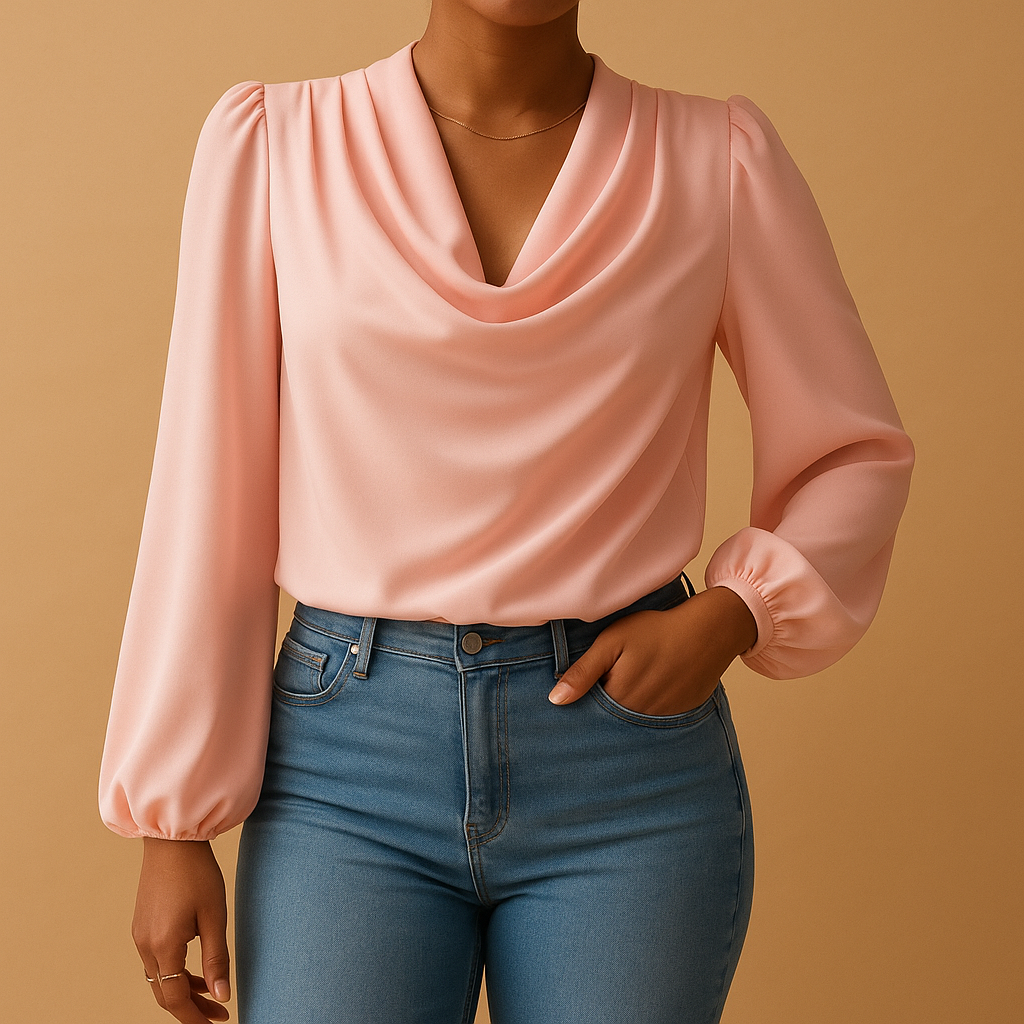 Women’s chiffon V-neck blouse with puff sleeves and relaxed fit, ideal for summer outfits, casual wear, and elegant occasions.