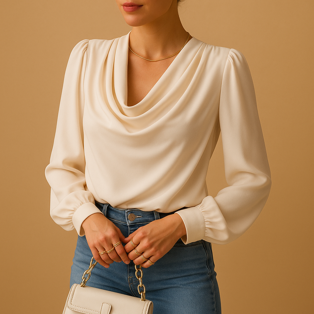 Women’s chiffon V-neck blouse with puff sleeves and relaxed fit, ideal for summer outfits, casual wear, and elegant occasions.