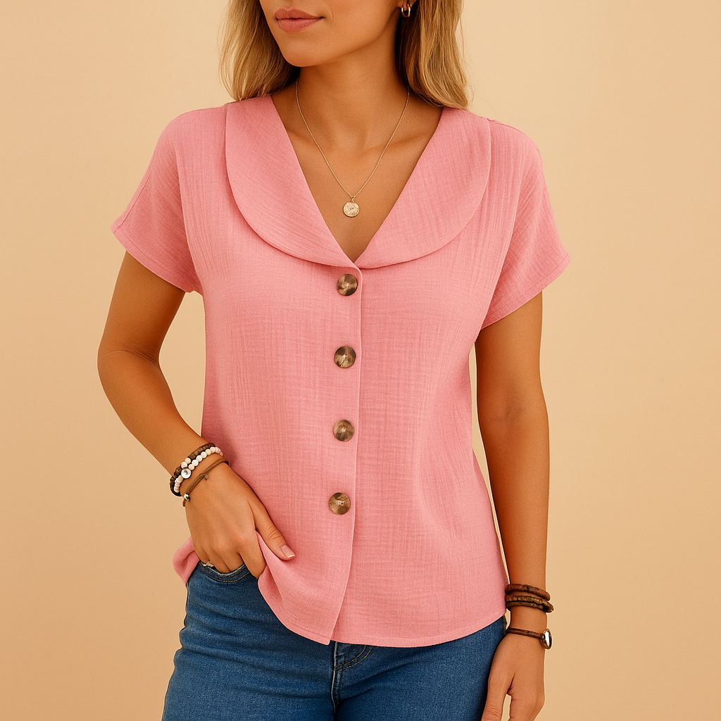 Women’s classic button-up blouse with timeless collar in white, blue, and pink, ideal for office wear and semi-formal outfits.