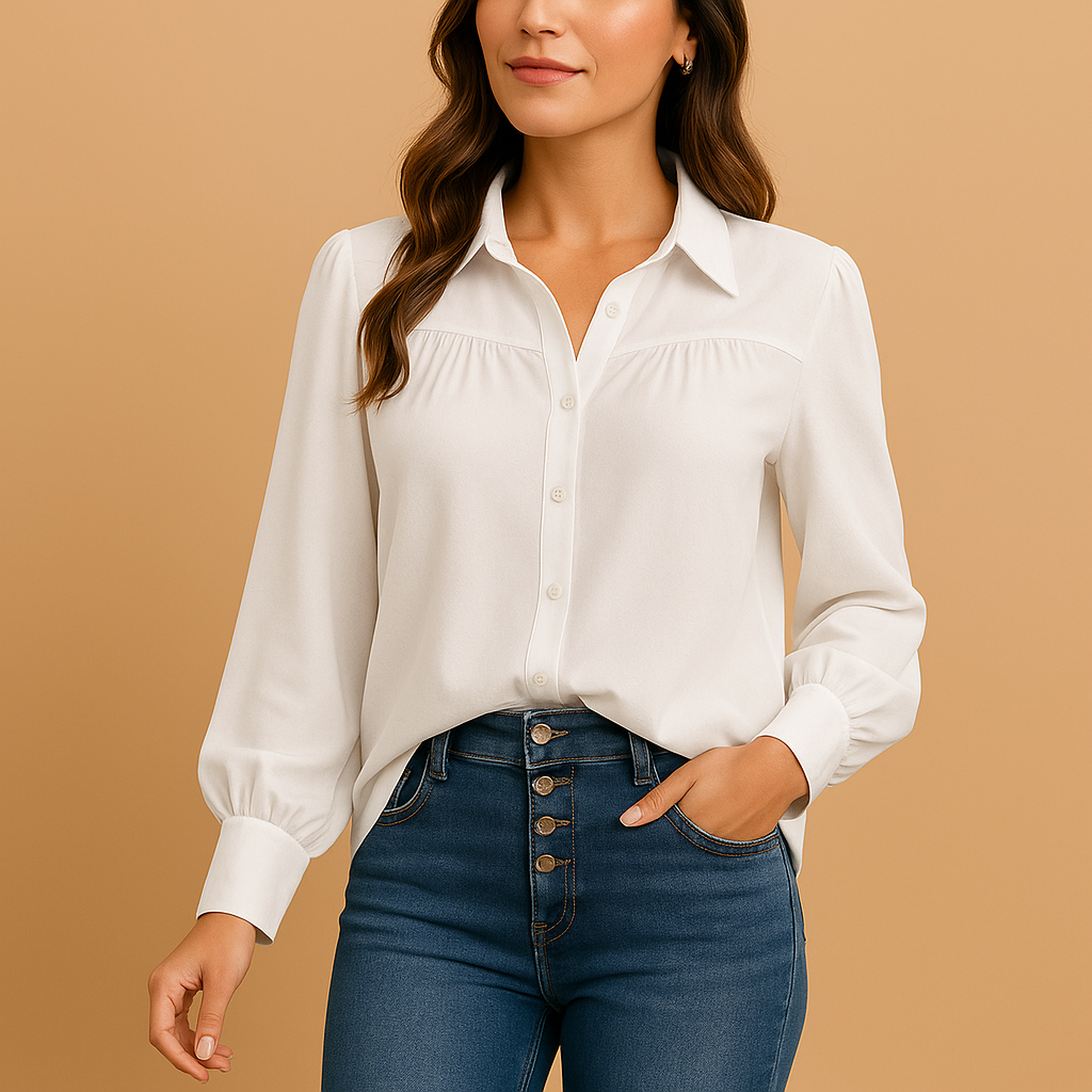 Women’s elegant lantern sleeve blouse with button front and shirt collar, ideal for office wear and stylish casual outfits in solid colors.