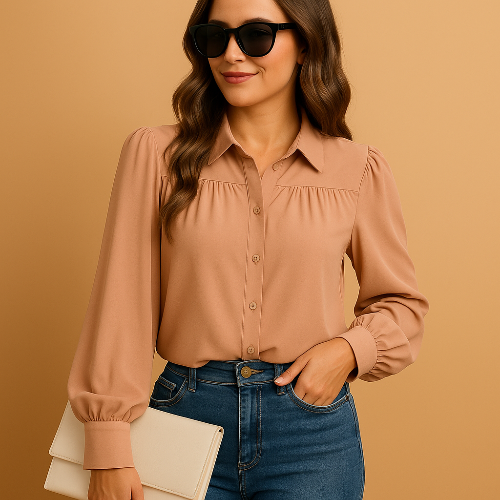 Women’s elegant lantern sleeve blouse with button front and shirt collar, ideal for office wear and stylish casual outfits in solid colors.