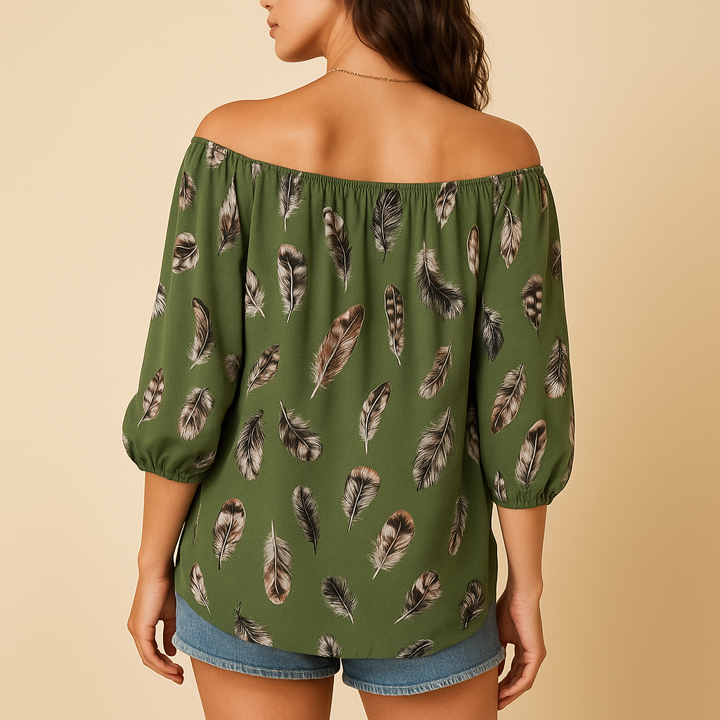 Women’s feather print V-neck blouse in white, black, green, dark blue, and pink, ideal for summer outfits and casual daily wear.