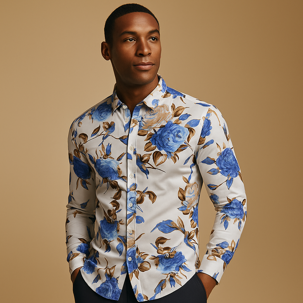 Men’s floral print shirt with modern fit in black, blue, or red, perfect for parties, casual wear, and stylish everyday outfits.