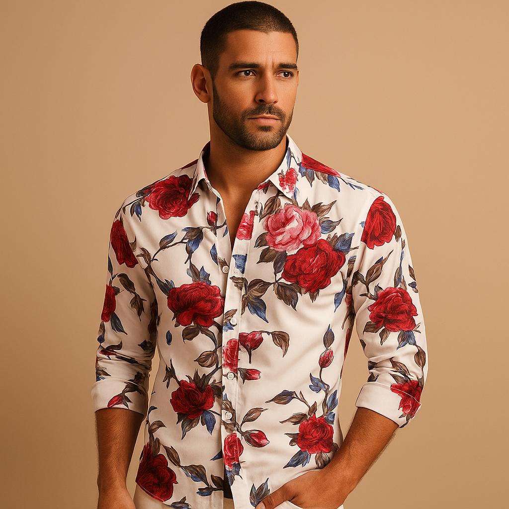 Men’s floral print shirt with modern fit in black, blue, or red, perfect for parties, casual wear, and stylish everyday outfits.