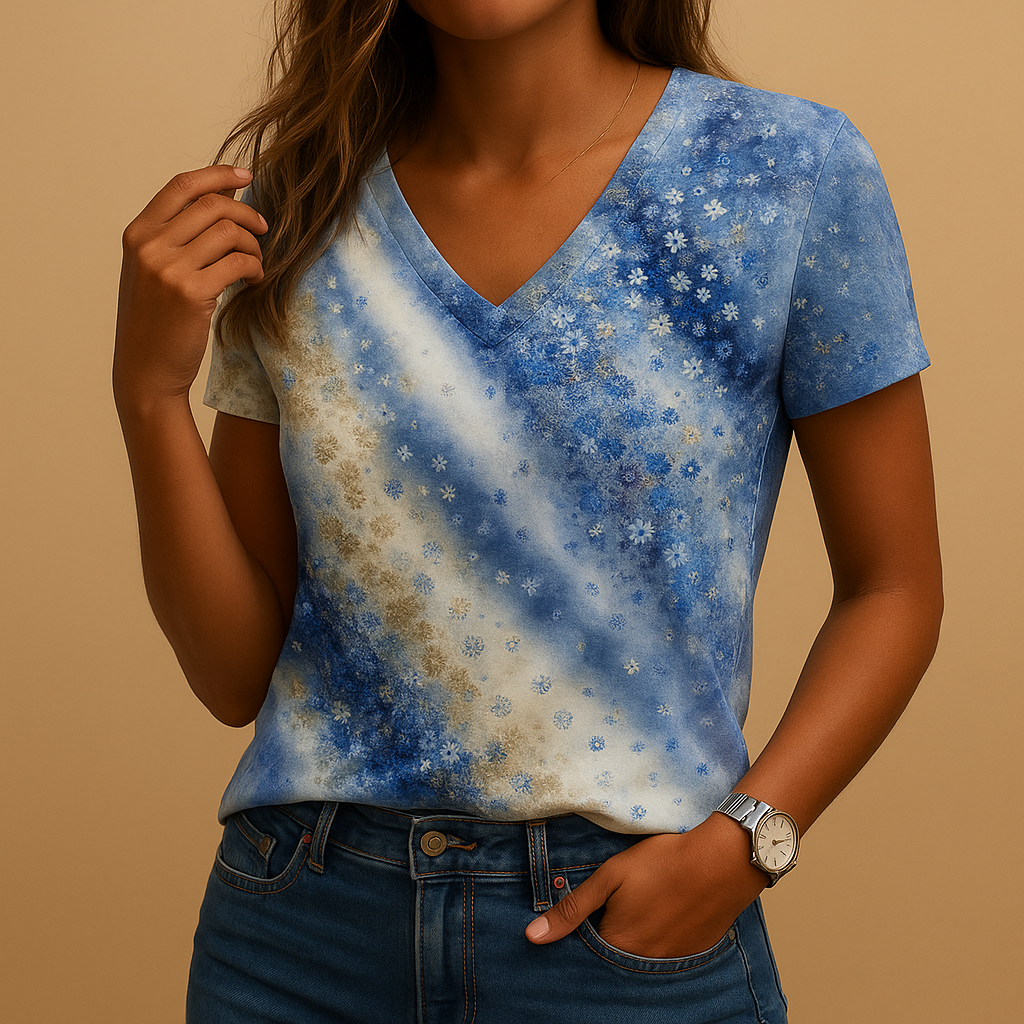 Women’s gradient print V-neck summer blouse with short sleeves, ideal for casual outings and warm-weather outfits.