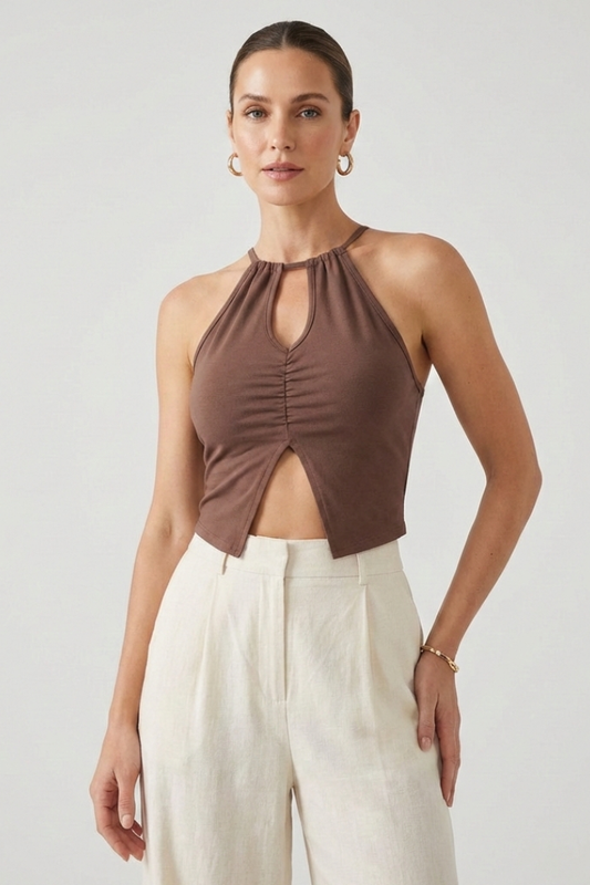Women’s halter crop top with front keyhole opening and centre ruching, designed for summer outfits and casual styling