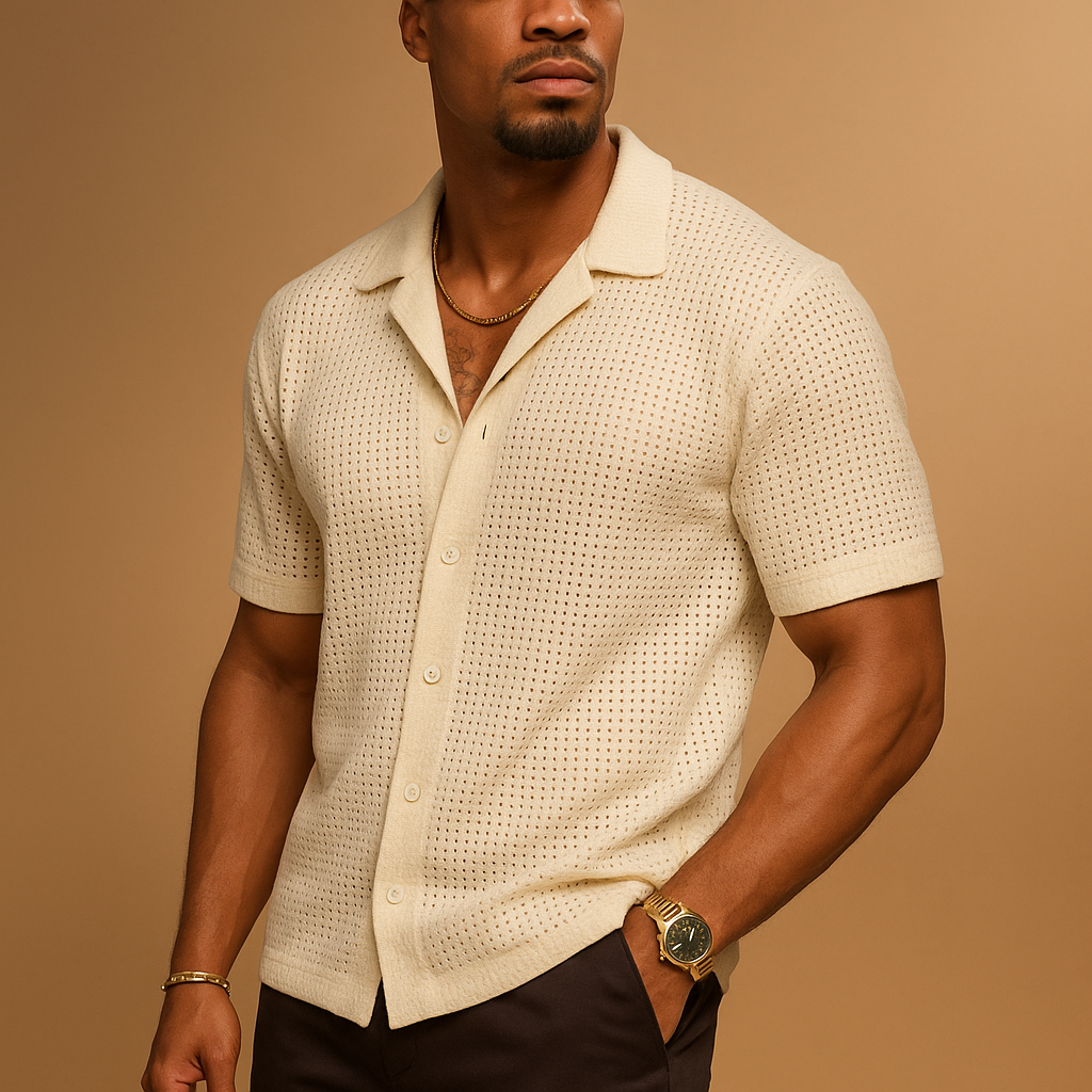 Men’s lightweight short sleeve summer shirt in a neutral color, ideal for beach days, vacations, and casual warm-weather outfits.