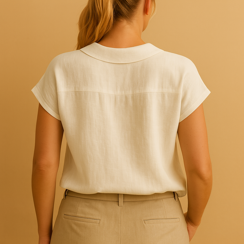 Women’s lightweight summer blouse with round neckline and button closure, ideal for beach trips, vacations, and casual warm-weather outfits.