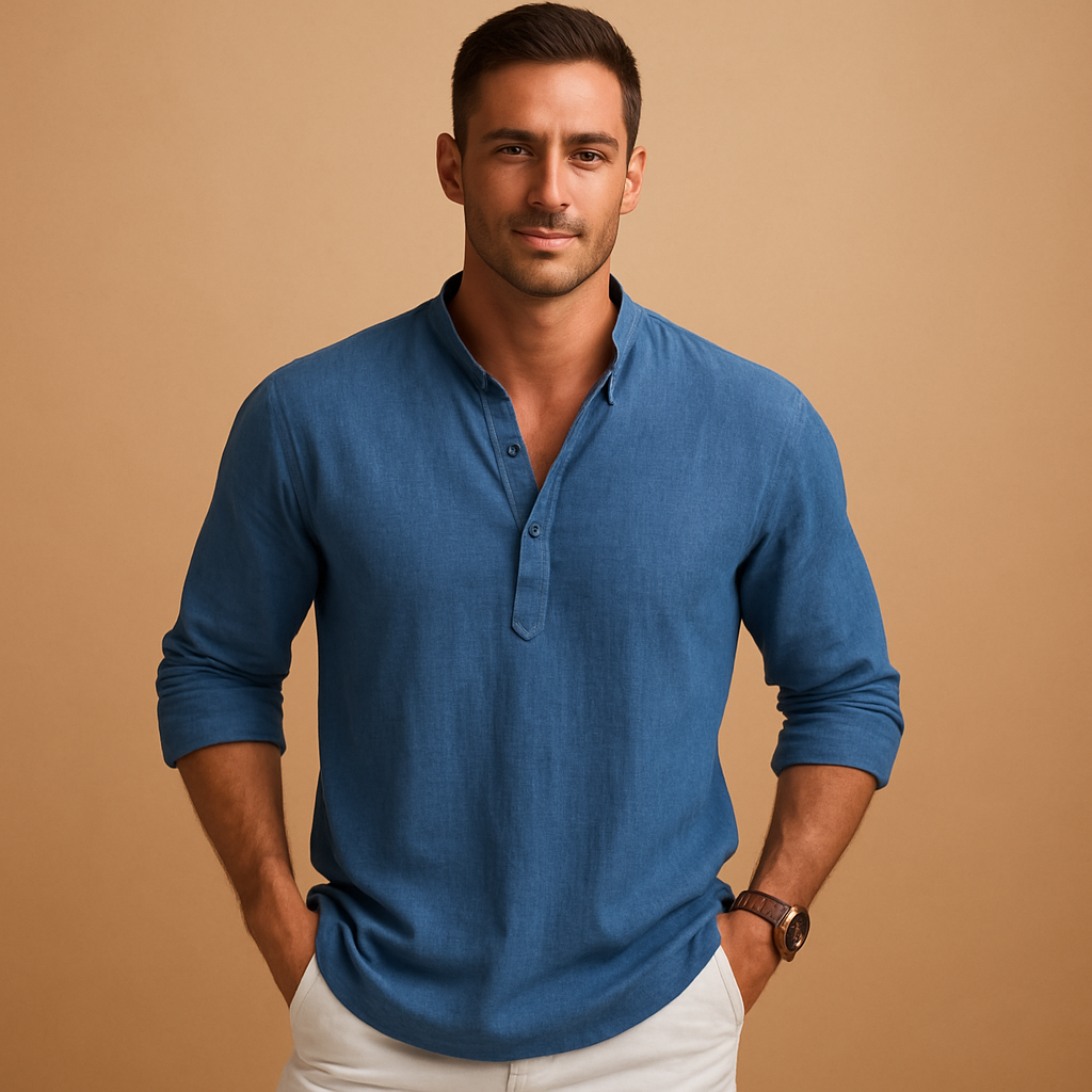 Men’s lightweight V-neck long sleeve shirt in solid colors, ideal for summer days, work, and casual evening outings.