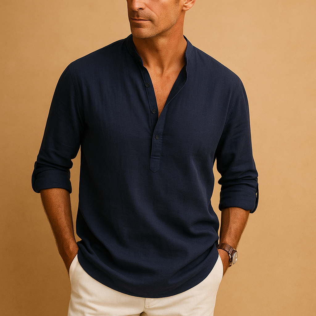 Men’s lightweight V-neck long sleeve shirt in solid colors, ideal for summer days, work, and casual evening outings.