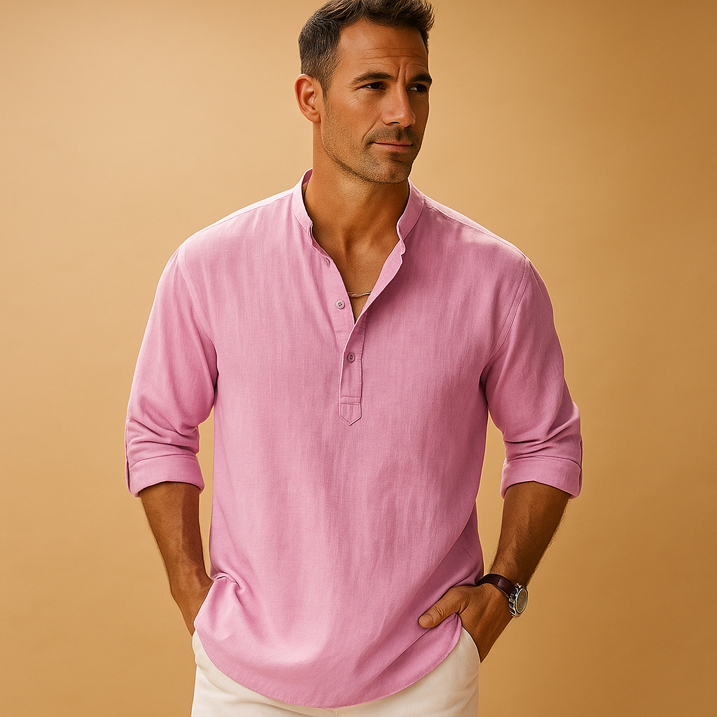 Men’s lightweight V-neck long sleeve shirt in solid colors, ideal for summer days, work, and casual evening outings.