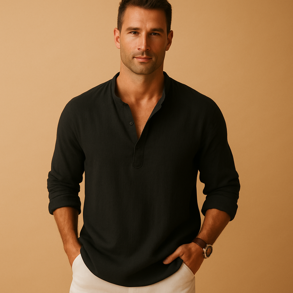 Men’s lightweight V-neck long sleeve shirt in solid colors, ideal for summer days, work, and casual evening outings.
