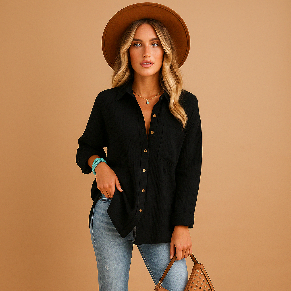 Long sleeve polo shirt for women with a classic collar, button closure, and chest pocket, suitable for work and casual outfits.