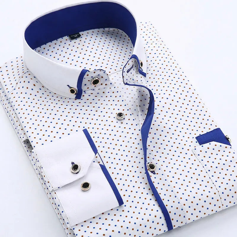 Men’s long sleeve shirt with a tailored fit, contrast details, and button closure, ideal for casual outings, dinner dates, and smart-casual occasions.