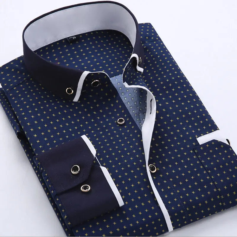 Men’s long sleeve shirt with a tailored fit, contrast details, and button closure, ideal for casual outings, dinner dates, and smart-casual occasions.
