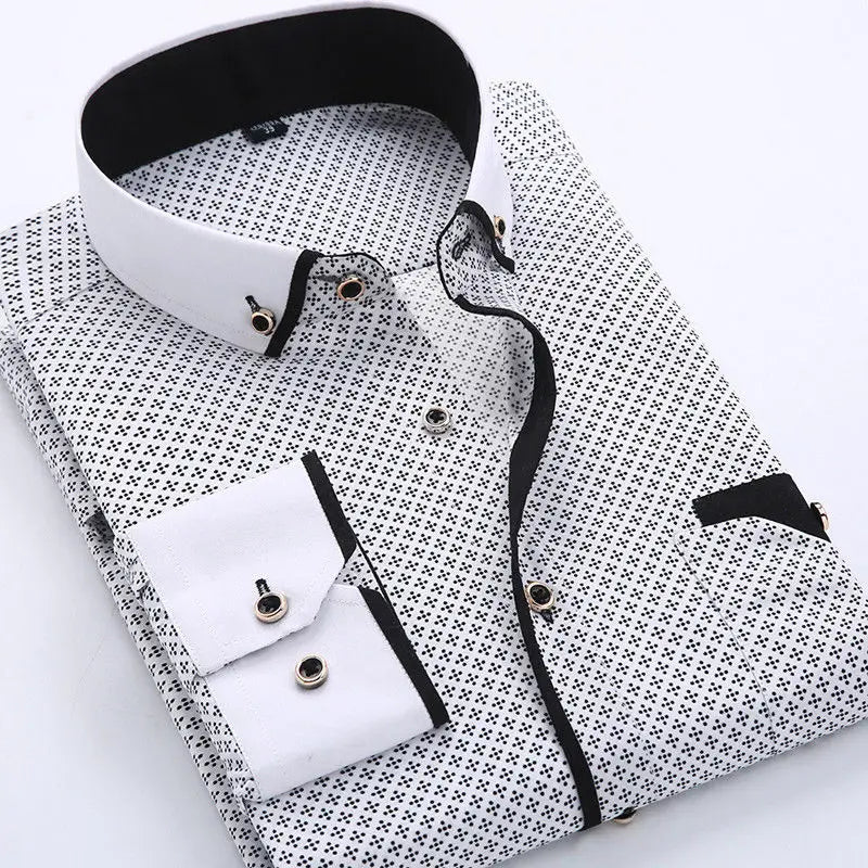 Men’s long sleeve shirt with a tailored fit, contrast details, and button closure, ideal for casual outings, dinner dates, and smart-casual occasions.