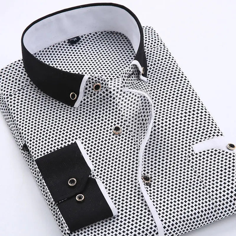Men’s long sleeve shirt with a tailored fit, contrast details, and button closure, ideal for casual outings, dinner dates, and smart-casual occasions.