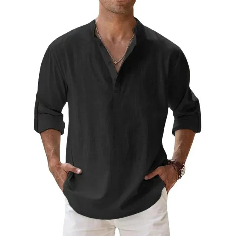 Men’s shirt with a grandad collar, long sleeves, and regular fit, ideal for casual outings, vacations, weekend wear, and smart-casual styling.