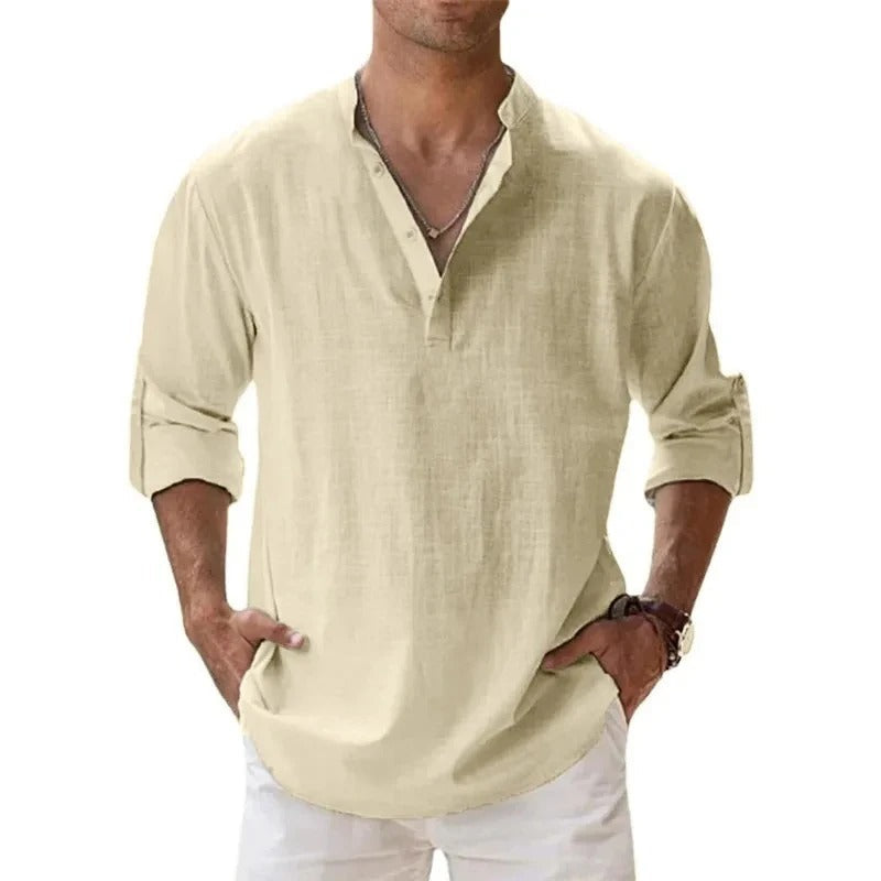 Men’s shirt with a grandad collar, long sleeves, and regular fit, ideal for casual outings, vacations, weekend wear, and smart-casual styling.
