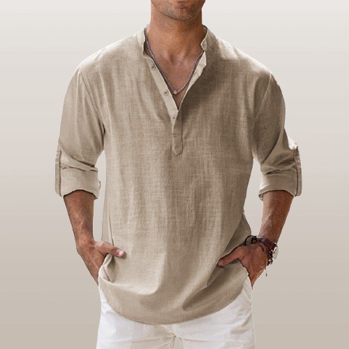 Men’s shirt with a grandad collar, long sleeves, and regular fit, ideal for casual outings, vacations, weekend wear, and smart-casual styling.