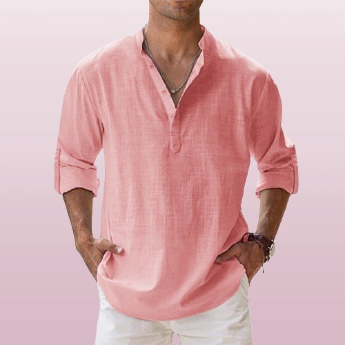 Men’s shirt with a grandad collar, long sleeves, and regular fit, ideal for casual outings, vacations, weekend wear, and smart-casual styling.