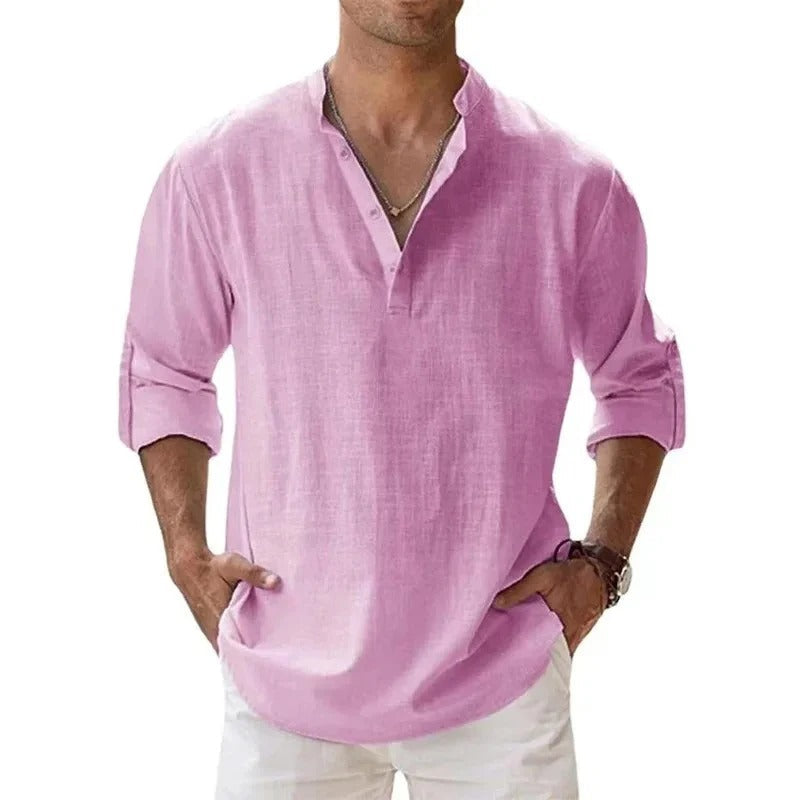 Men’s shirt with a grandad collar, long sleeves, and regular fit, ideal for casual outings, vacations, weekend wear, and smart-casual styling.