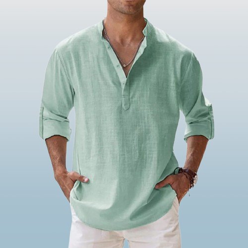 Men’s shirt with a grandad collar, long sleeves, and regular fit, ideal for casual outings, vacations, weekend wear, and smart-casual styling.