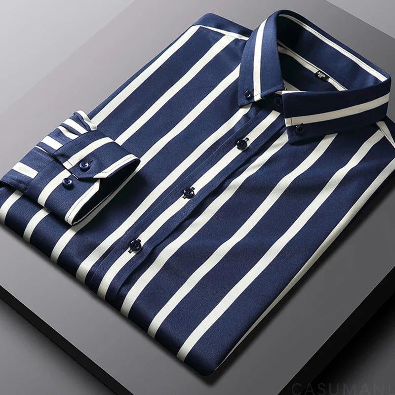 Men’s striped shirt with a tailored fit and vertical stripe pattern, ideal for casual outings, smart-casual events, layering, and evening wear.