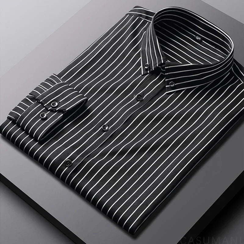 Men’s striped shirt with a tailored fit and vertical stripe pattern, ideal for casual outings, smart-casual events, layering, and evening wear.