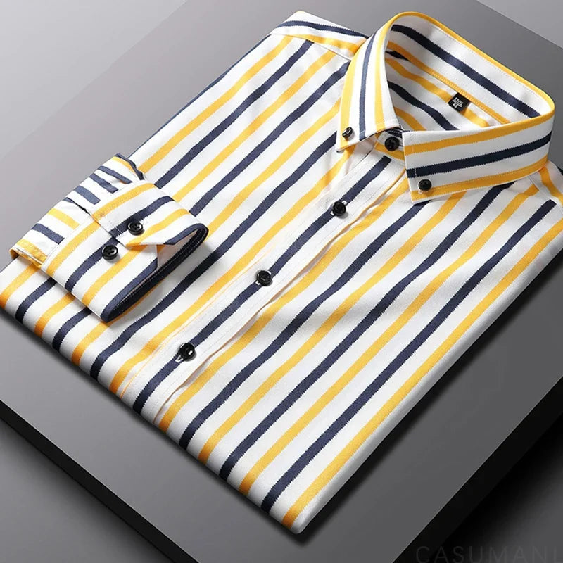 Men’s striped shirt with a tailored fit and vertical stripe pattern, ideal for casual outings, smart-casual events, layering, and evening wear.