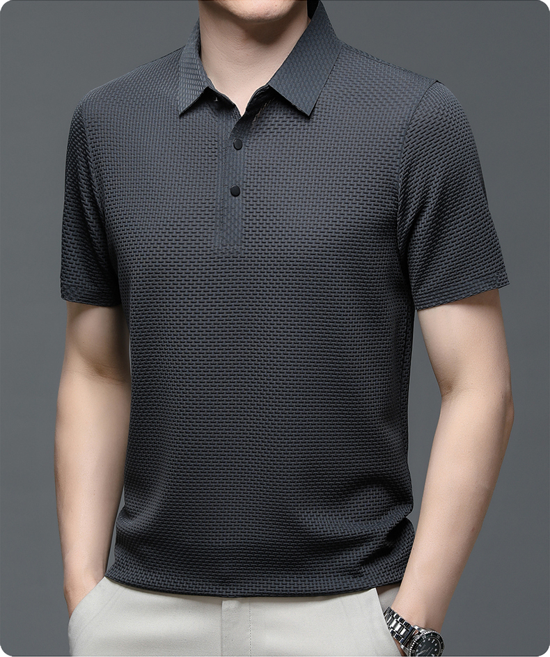 Men’s textured polo shirt with a button placket, short sleeves, and tailored fit, ideal for summer days, casual outings, and smart-casual wear.