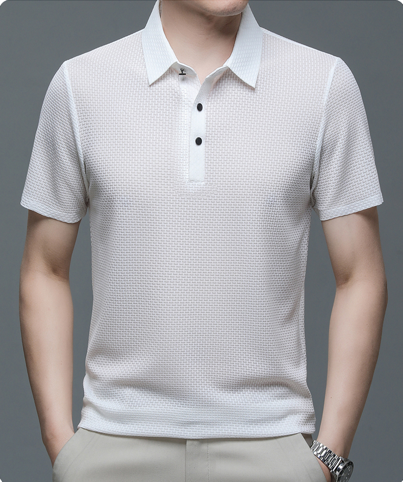 Men’s textured polo shirt with a button placket, short sleeves, and tailored fit, ideal for summer days, casual outings, and smart-casual wear.