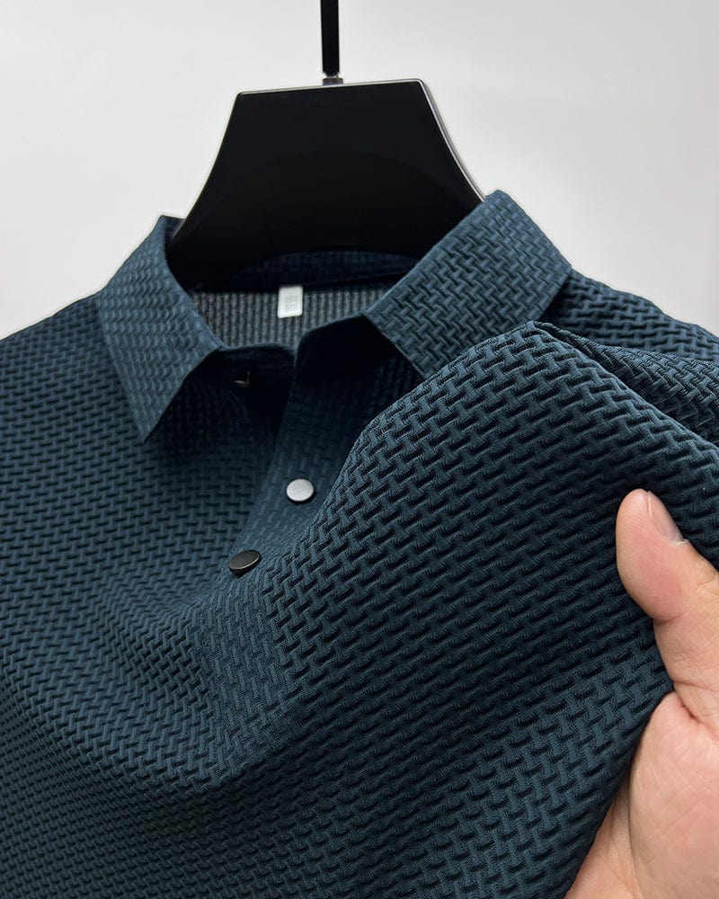 Men’s textured polo shirt with a button placket, short sleeves, and tailored fit, ideal for summer days, casual outings, and smart-casual wear.