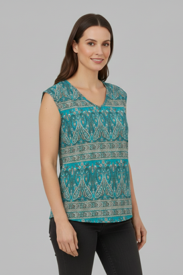 Women’s printed V-neck top with cap sleeves, loose fit, and floral pattern, suitable for casual wear and summer outfits.