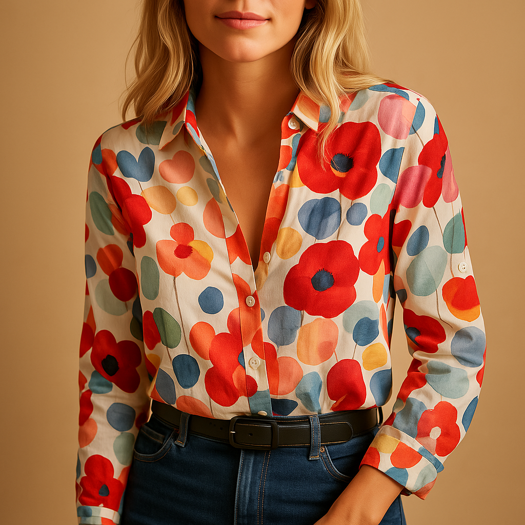 Women’s red floral spring blouse with flattering fit, ideal for office wear, casual outings, and seasonal outfits.