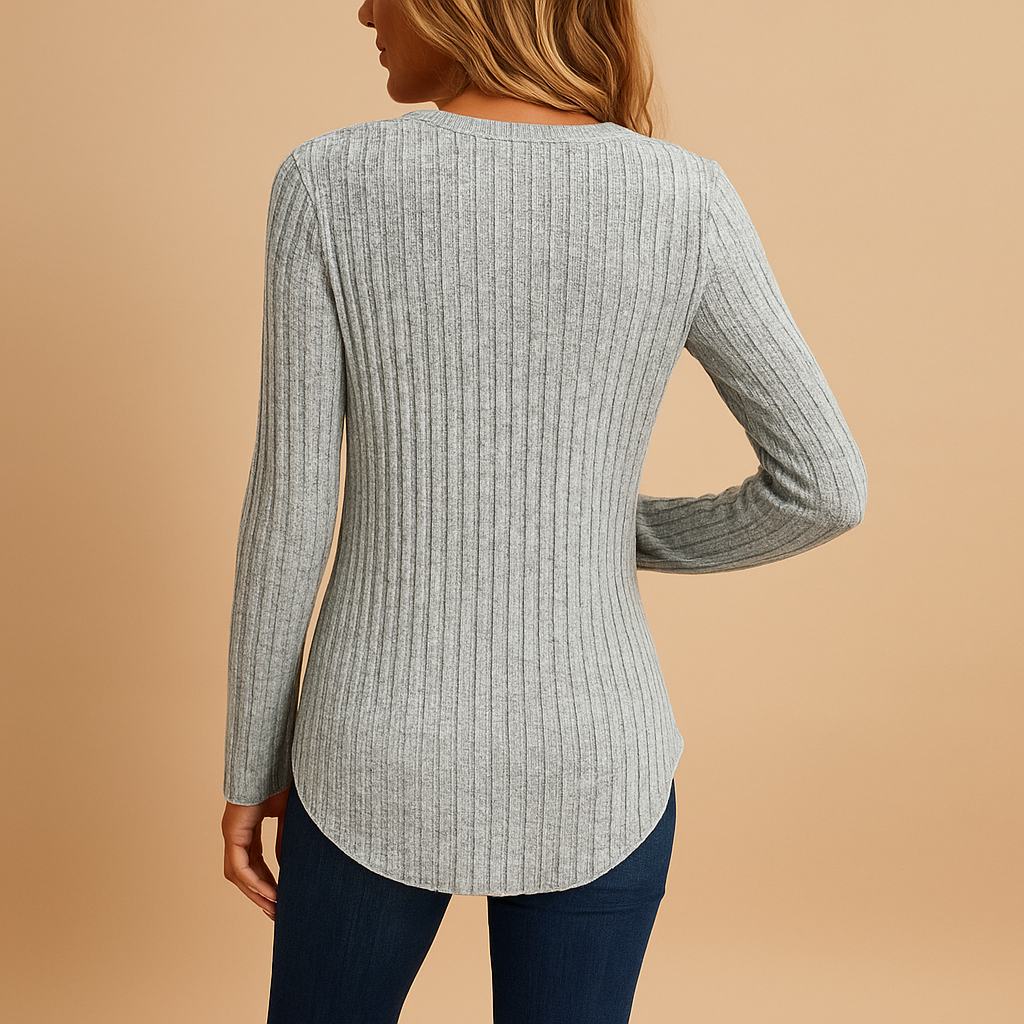 Women’s ribbed V-neck top with button details in grey, ideal for casual daily wear and layering during cooler seasons.