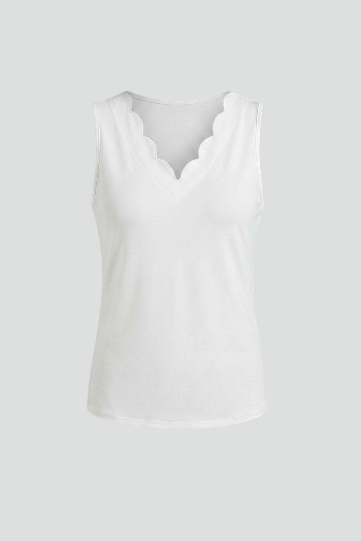 Women’s tank top with scalloped v-neckline and sleeveless design, ideal for casual wear and summer outfits