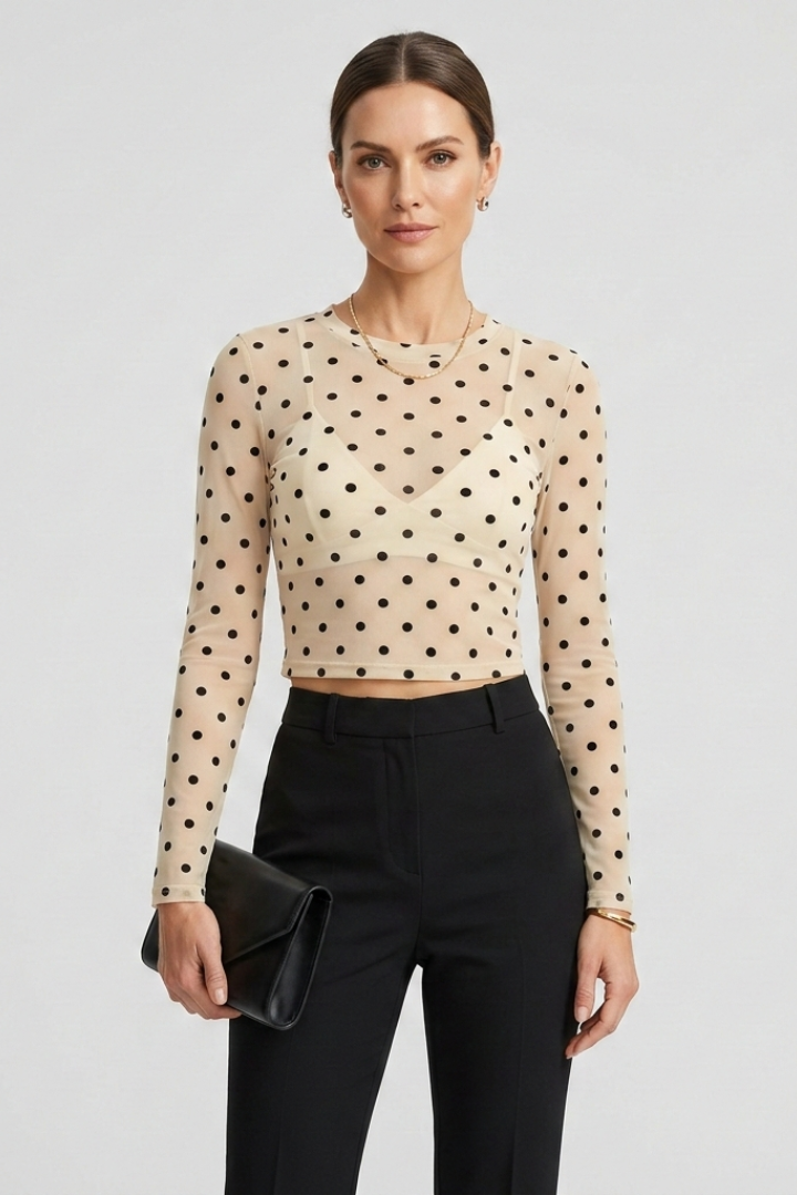 Women’s sheer blouse with round neckline and polka dot textured pattern, designed for casual styling and evening wear