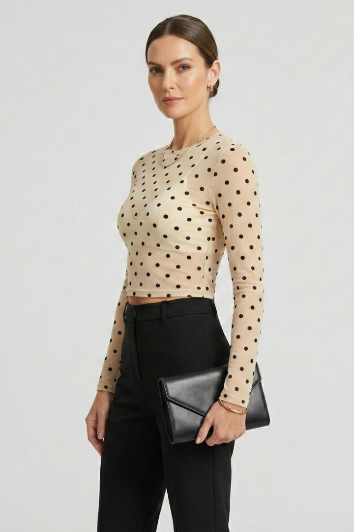 Women’s sheer blouse with round neckline and polka dot textured pattern, designed for casual styling and evening wear