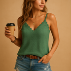 Women’s sleeveless lace V-neck elegant top with thin straps, ideal for warm days, work outfits, and layered looks.