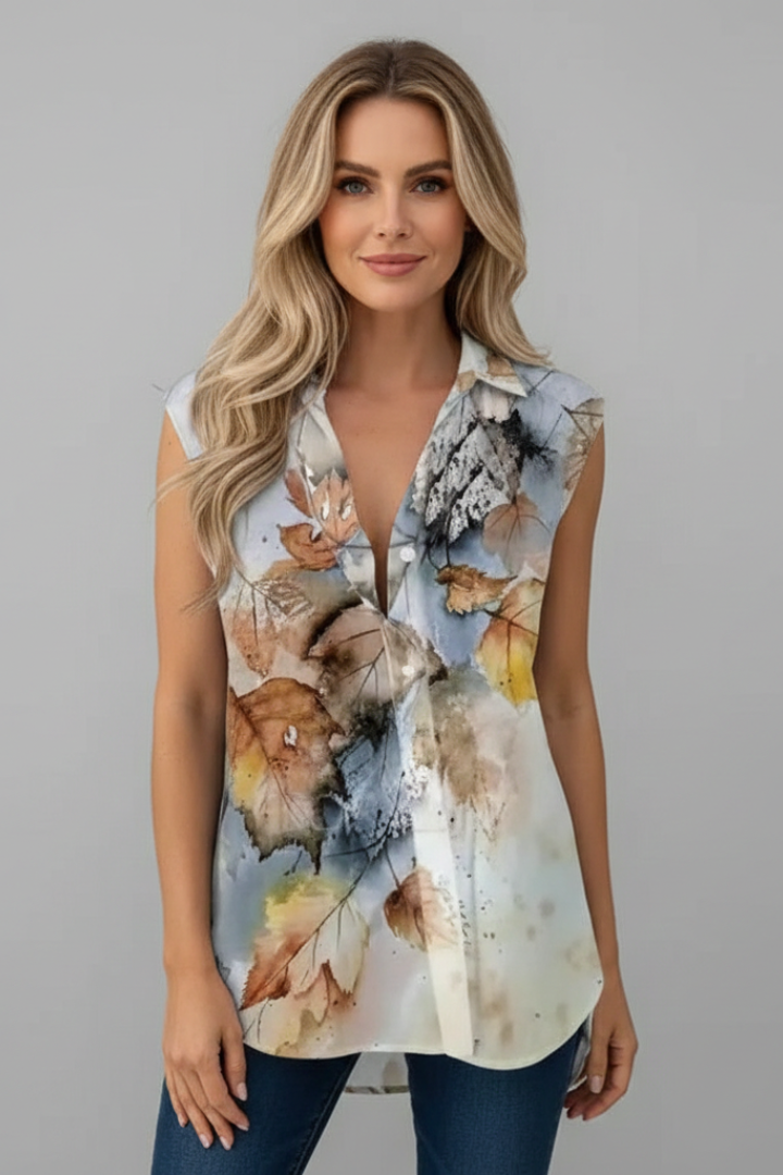 Women’s sleeveless top with V-neckline, button-front closure, loose fit, and printed design, suitable for summer wear and casual outfits.
