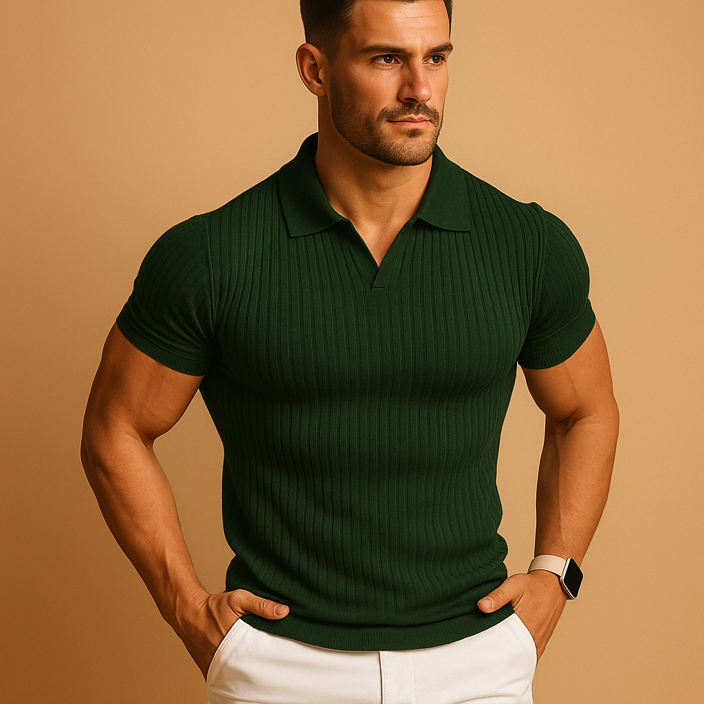 Men’s slim fit polo shirt with V-neck collar and subtle striped texture, ideal for casual and smart-casual outfits.