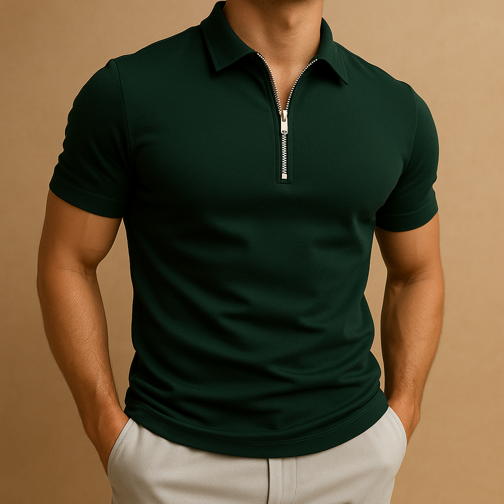 Men’s slim fit polo shirt with zipper collar and breathable design, ideal for work, casual wear, and everyday comfort.