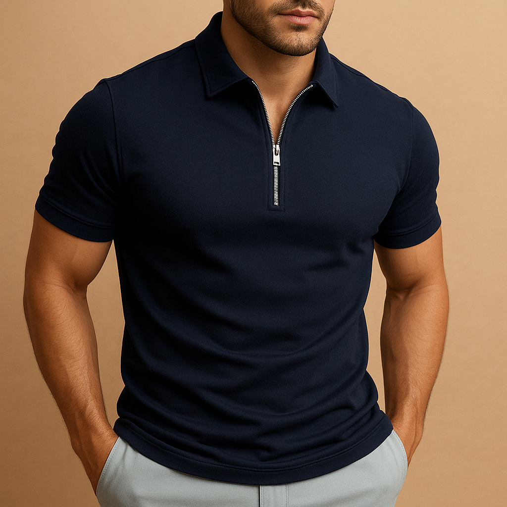 Men’s slim fit polo shirt with zipper collar and breathable design, ideal for work, casual wear, and everyday comfort.