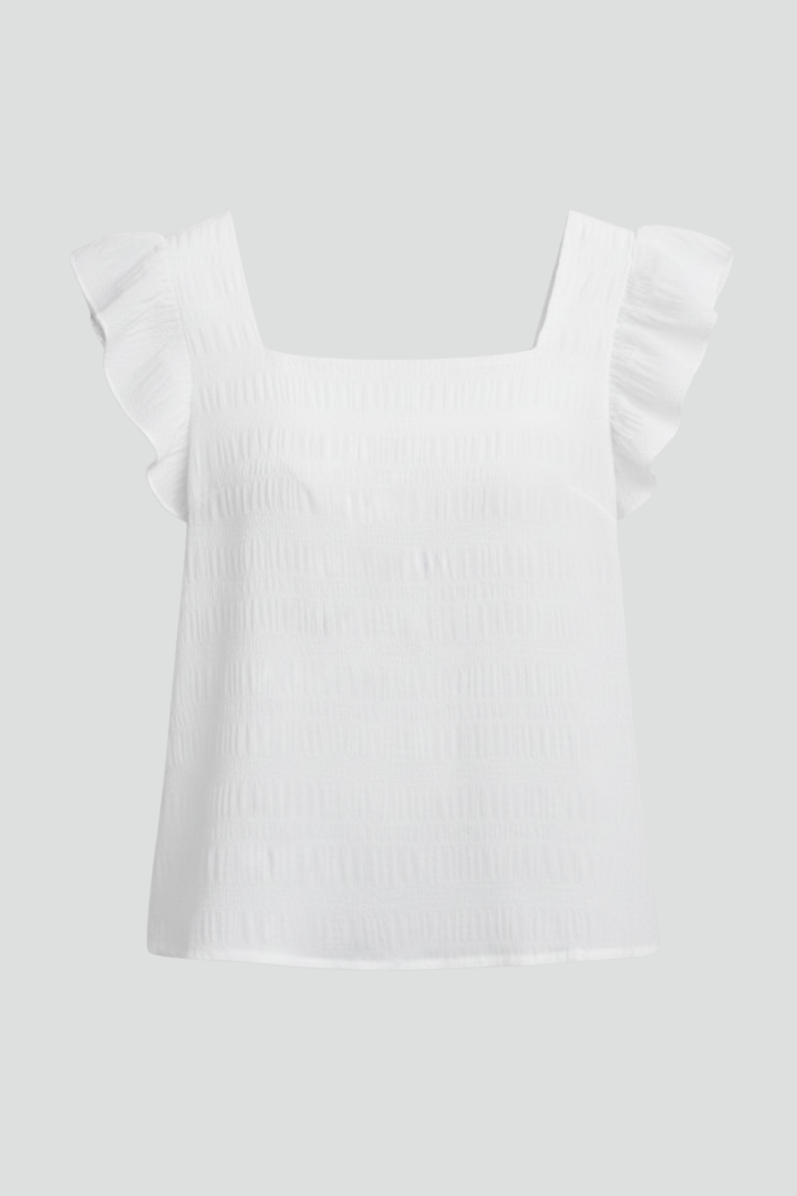 Women’s square neck blouse with short sleeves, loose fit, and textured woven surface, suitable for everyday wear and casual outfits.