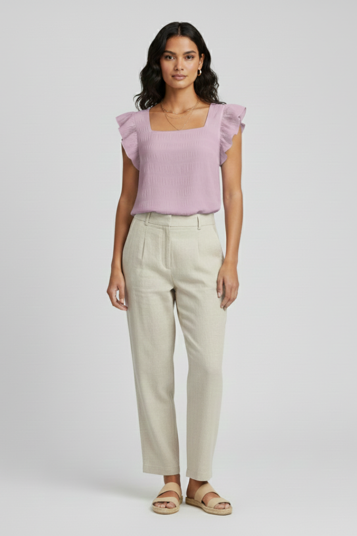 Women’s square neck blouse with short sleeves, loose fit, and textured woven surface, suitable for everyday wear and casual outfits.