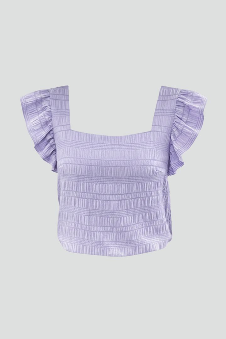 Women’s square neck blouse with flutter cap sleeves, relaxed fit, and textured surface, suitable for everyday wear and casual outfits.